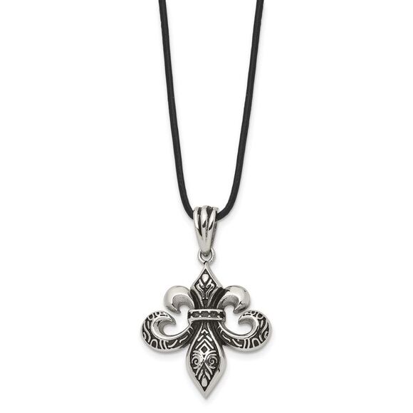 Stainless Steel & Leather Cord Antiqued Fleur de lis Necklace, 20 Inch - Picture 2 of 6